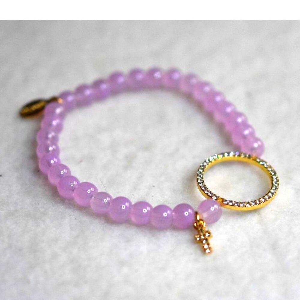 NWOT Express Lavender Beaded Gold Tone Rhinestone Circle/Cross Charm 5" Bracelet